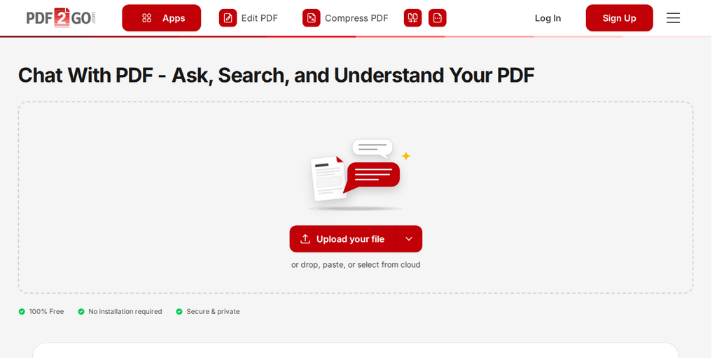 PDF2Go پر Chat With PDF صفحہ، جس پر "Upload your file" بٹن دکھائی دیتا ہے