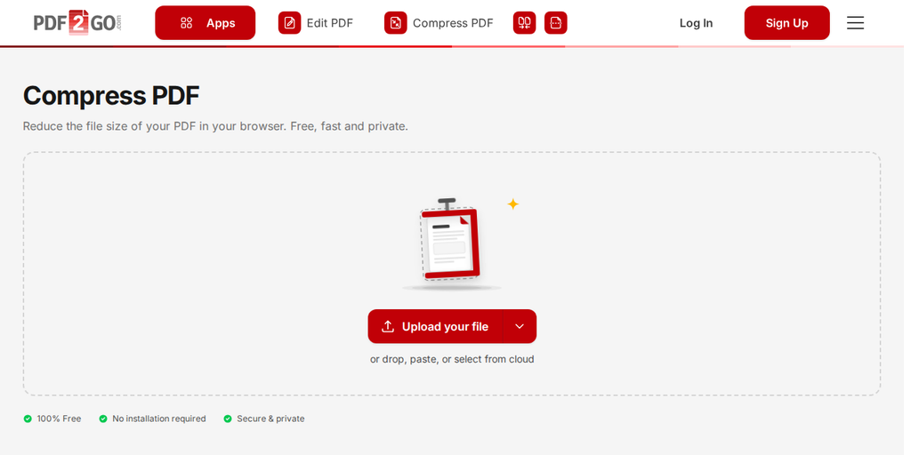 The Compress PDF page on PDF2Go, with the "Upload your file" button