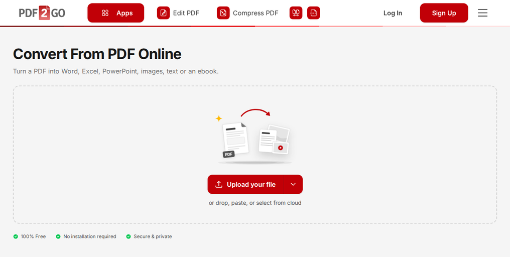 Oju-iwe Konfá láti inú PDF lori PDF2Go, pẹlu bọtini "Upload your file"