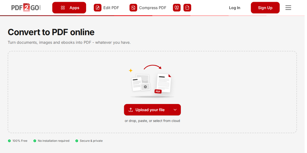 PDF2Go पर PDF में कन्वर्ट करें पेज, जिस पर "Upload your file" बटन है