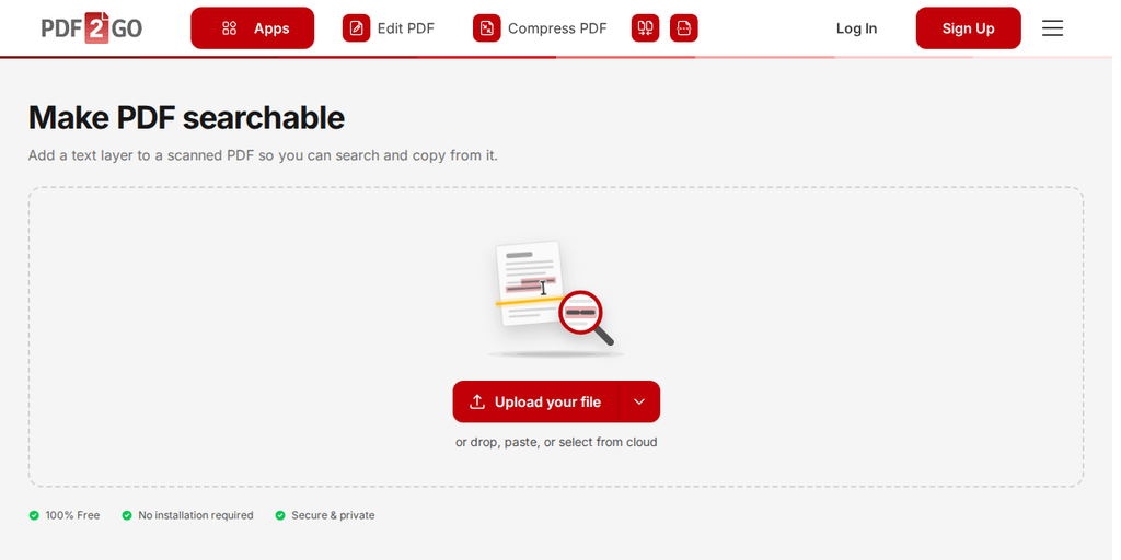 Oju-iwe Ṣe kí PDF lè wá inú rẹ lori PDF2Go, pẹlu bọtini "Upload your file"