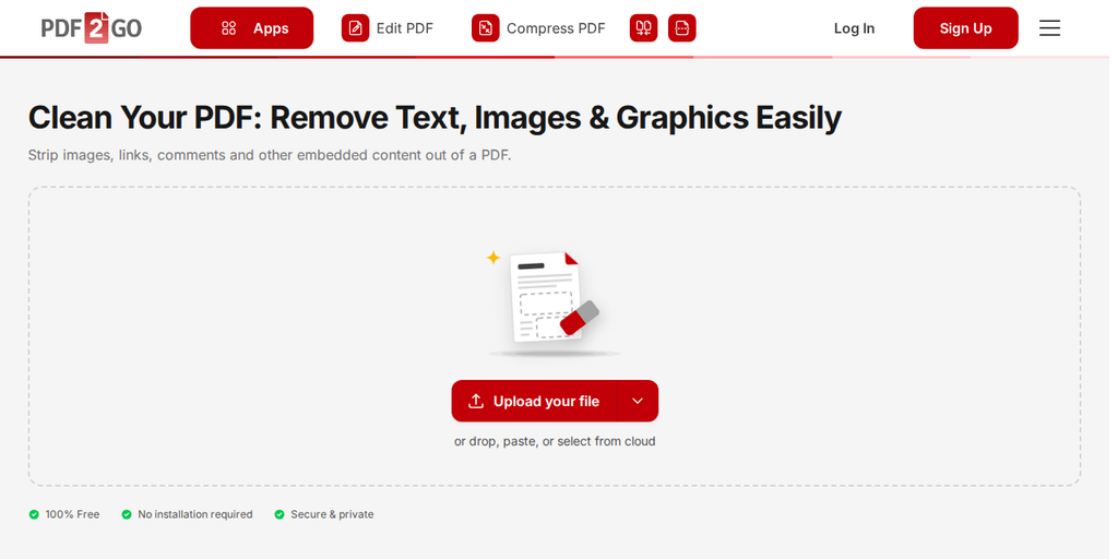 Oju-iwe Ọ̀dá PDF mọ́ lori PDF2Go, pẹlu bọtini "Upload your file"
