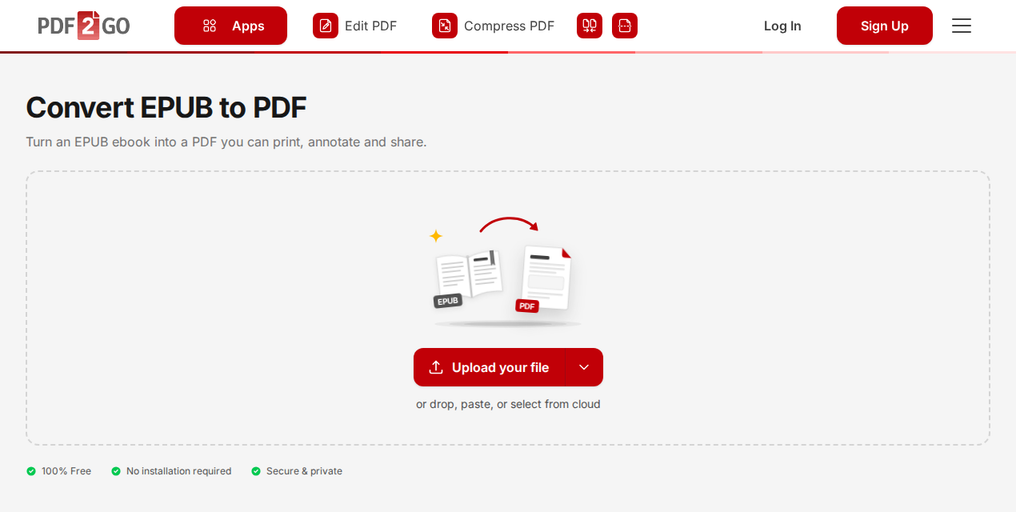 Oju-iwe EPUB sí PDF lori PDF2Go, pẹlu bọtini "Upload your file"