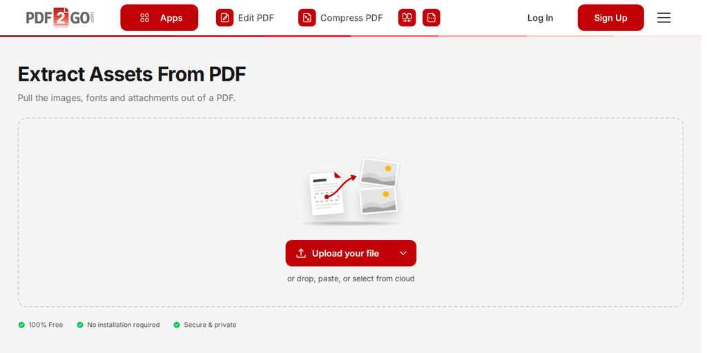 The Extract Assets From PDF page on PDF2Go, with the "Upload your file" button