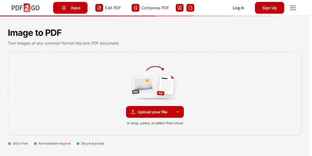 Oju-iwe Àwòrán sí PDF lori PDF2Go, pẹlu bọtini "Upload your file"