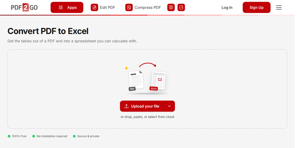 Oju-iwe PDF sí Excel lori PDF2Go, pẹlu bọtini "Upload your file"