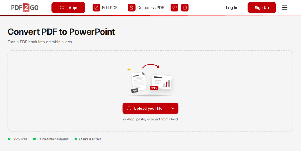 Oju-iwe PDF sí PowerPoint lori PDF2Go, pẹlu bọtini "Upload your file"