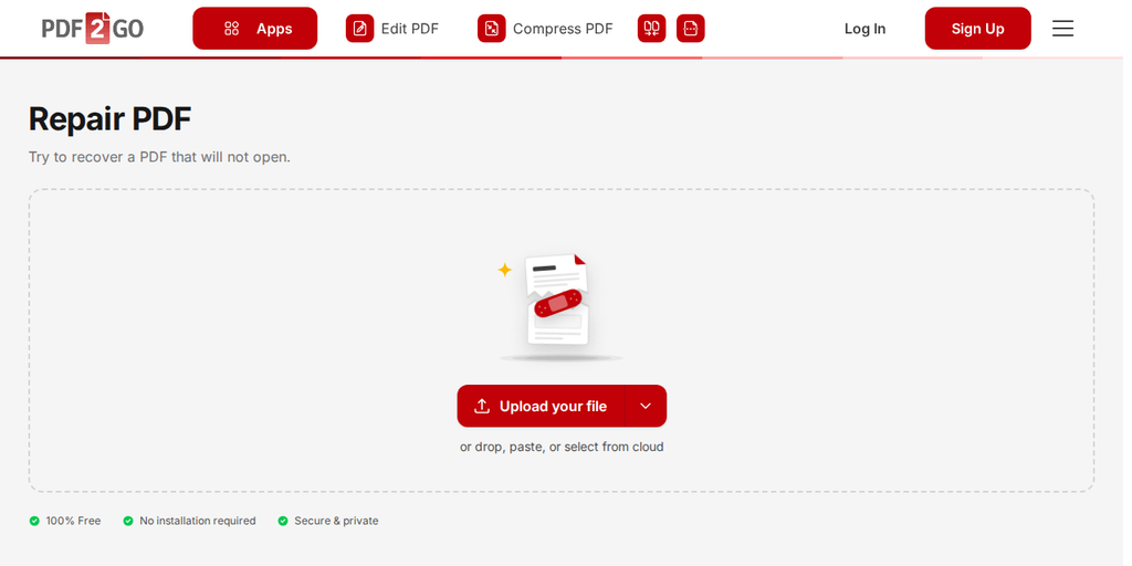 Oju-iwe Túnṣe PDF lori PDF2Go, pẹlu bọtini "Upload your file"