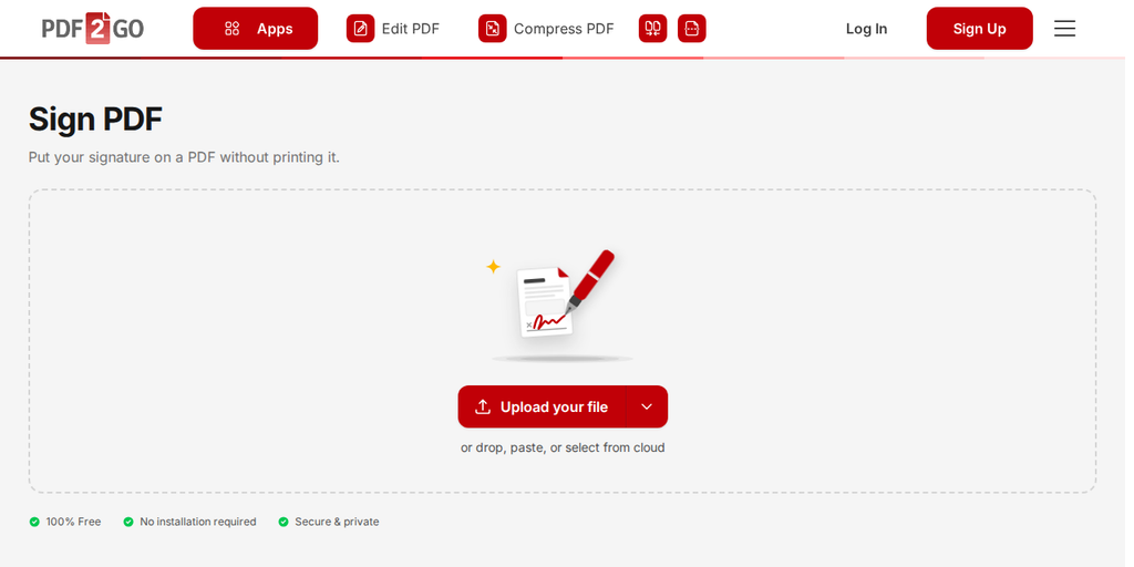 Oju-iwe Fọwọsi PDF lori PDF2Go, pẹlu bọtini "Upload your file"