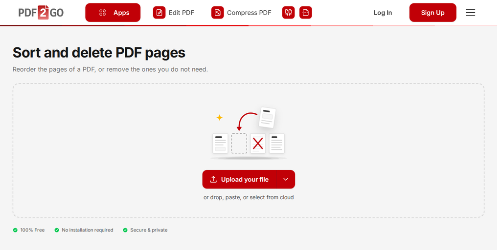 Oju-iwe Pín ṣọ́ọ̀tì kí o sì pa ojú-ewé PDF rẹ dànù lori PDF2Go, pẹlu bọtini "Upload your file"