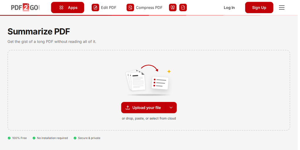 PDF2Go پر PDF خلاصہ بنائیں صفحہ، جس پر "Upload your file" بٹن دکھائی دیتا ہے
