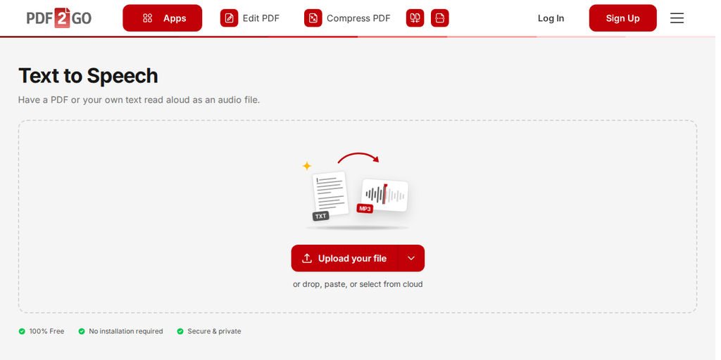 Oju-iwe Text to Speech lori PDF2Go, pẹlu bọtini "Upload your file"