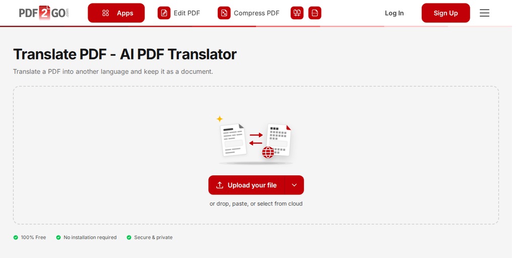 PDF2Go üzerindeki PDF Çevir sayfası, "Dosyanızı yükleyin" düğmesiyle birlikte