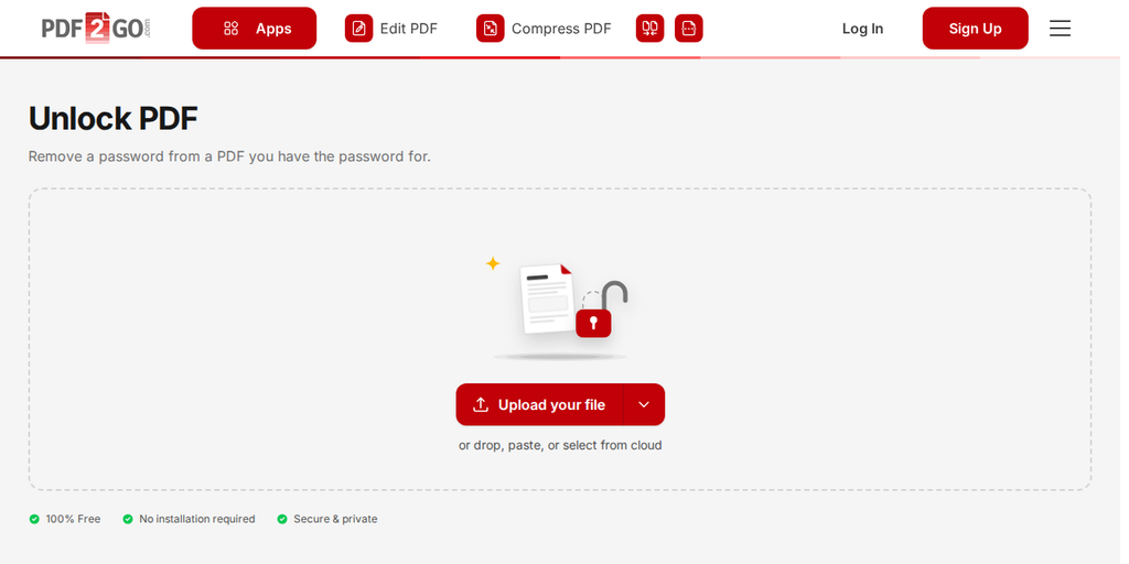 PDF2Go पर PDF अनलॉक करें पेज, जिस पर "Upload your file" बटन है