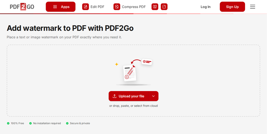 Oju-iwe Fi ọwọ́ sí PDF lori PDF2Go, pẹlu bọtini "Upload your file"
